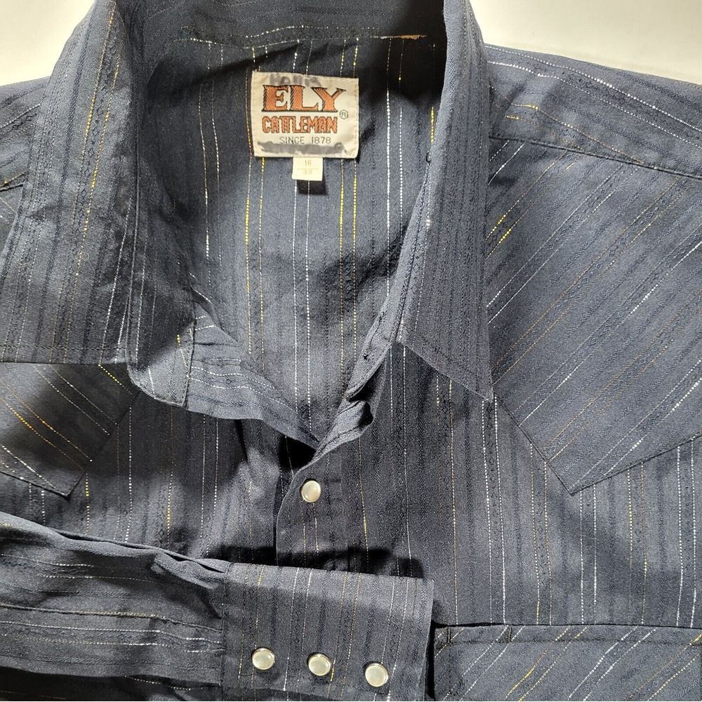 Ely Cattleman Men's 16 33 Black Metallic Pinstripes Long Sleeve Pearl Snap Shirt